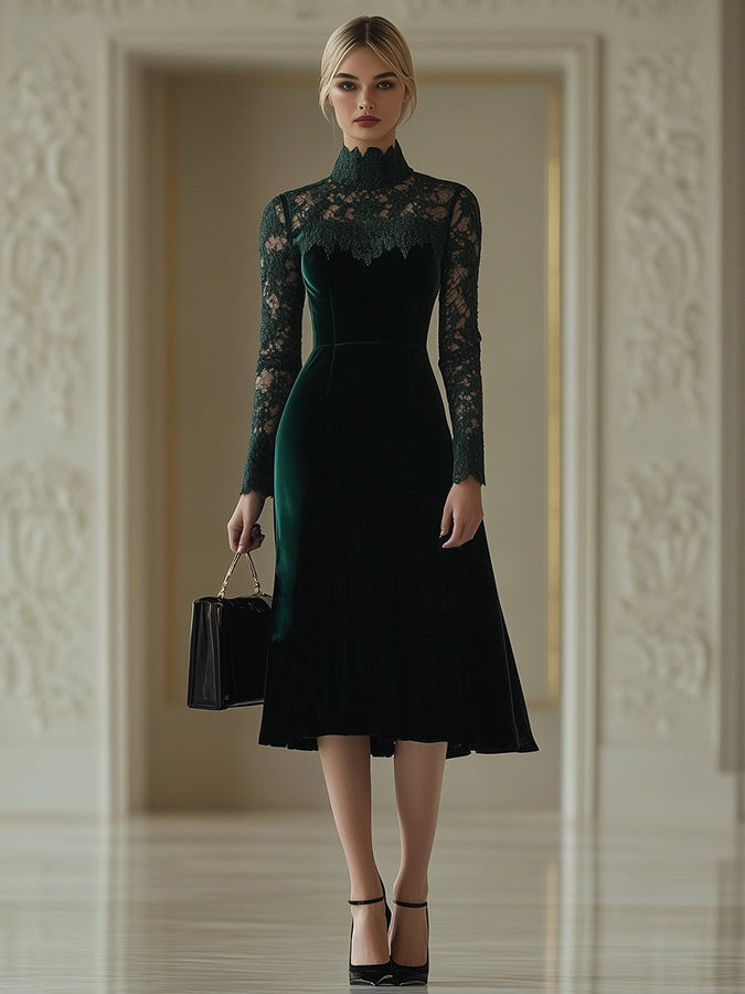 Robe Midi Élégante en Velours Rétro avec Dentelle - Col Haut et Manches Longues, Expédition en 24 Heures