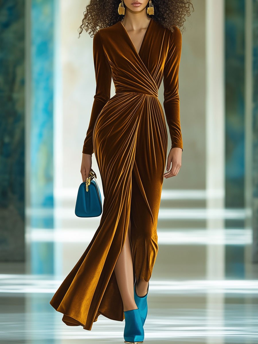 Robe Maxi Vintage en Velours avec Fente et Manches Longues - Expédition Rapide en 24 Heures