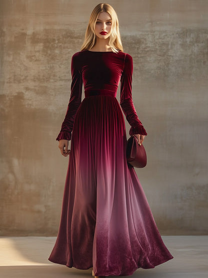 Robe Maxi Velours Dégradé Bordeaux : Élégance Instantanée avec Manches Trompette et Col Droit - Expédition Sous 24 Heures