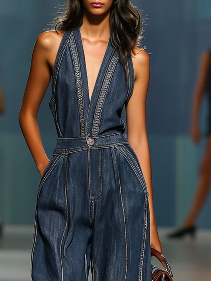 Expédition Rapide : Combinaison en Denim Sans Manches à Col en V – Style Rétro Décontracté