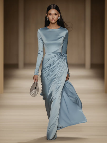 Robe Maxi Longue en Satin Bleu Élégante - Col Ronde, Douceur et Expédition en 24 Heures