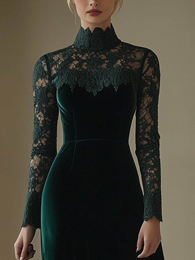 Robe Midi Élégante en Velours Rétro avec Dentelle et Col Montant - Expédition Rapide en 24 Heures