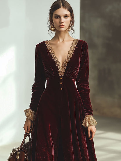 Robe Maxi en Velours Rouge Ankola : Élégance et Dentelle avec Col V et Manches Longues - Expédition Rapide en 24 Heures