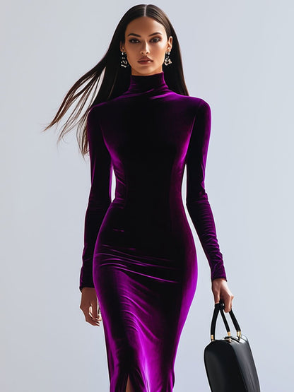 Robe Maxi en Velours Violet à Col Montant et Manches Longues - Livraison en 24h !