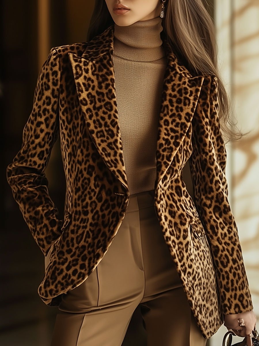Veste en velours vintage décontractée avec poches et motif léopard