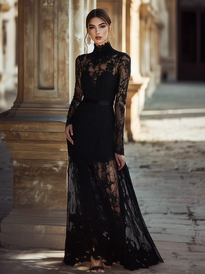 Robe de Soirée Maxi Élégante en Dentelle Noire avec Col Haut - Expédition Rapide en 24 Heures