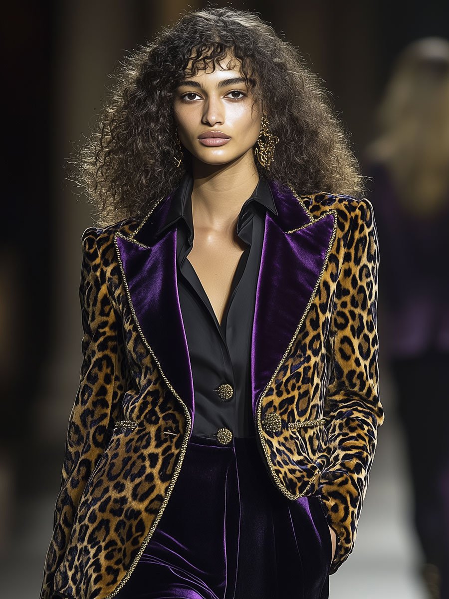 Blazer Vintage en Velours Léopard avec Revers Contrastés - Expédition en 24 Heures!