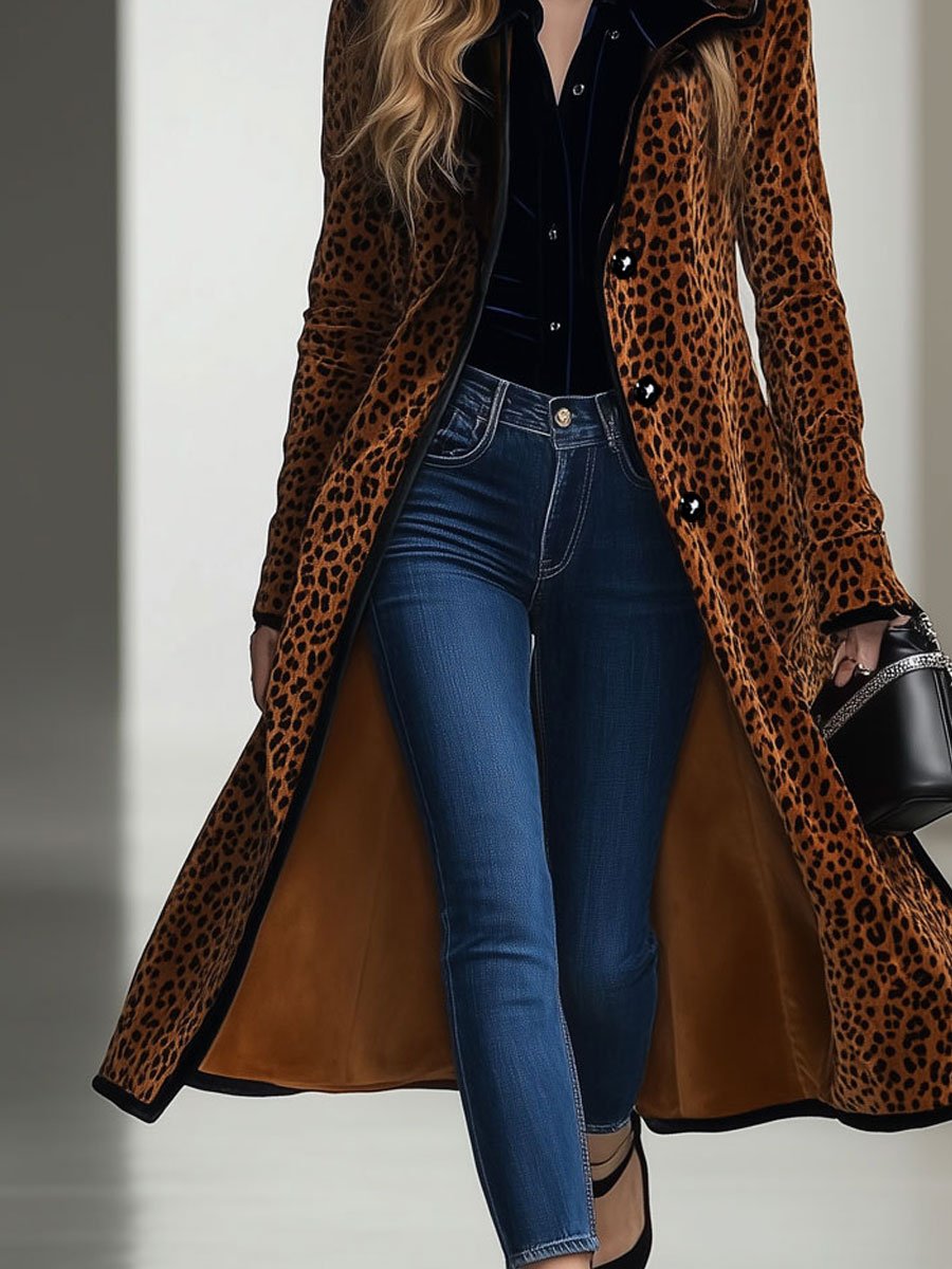 Veste Longue à Capuche en Velours Vintage avec Imprimé Léopard et Détails Noirs - Expédition Rapide en 24 Heures