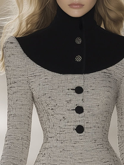 Robe Midi Élégante en Tweed Velours : Style Rétro avec Col Montant - Expédition en 24 Heures !