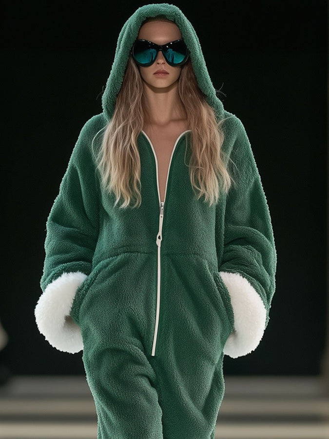 【Expédition en 24 heures】Sweat à capuche zippé en polaire verte et blanche - Style décontracté et ample