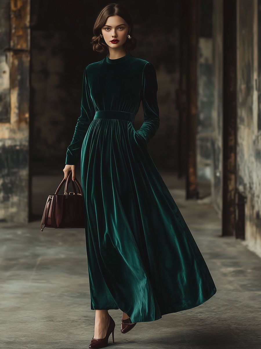 Robe Maxi en Velours Élegante à Col Montant - Manches Longues, Ample et Pratique avec Poches - Expédition Rapide en 24 Heures!