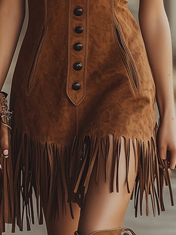 Robe Mini en Suède Marron avec Franges - Style Western, Expédition Rapide en 24 Heures !