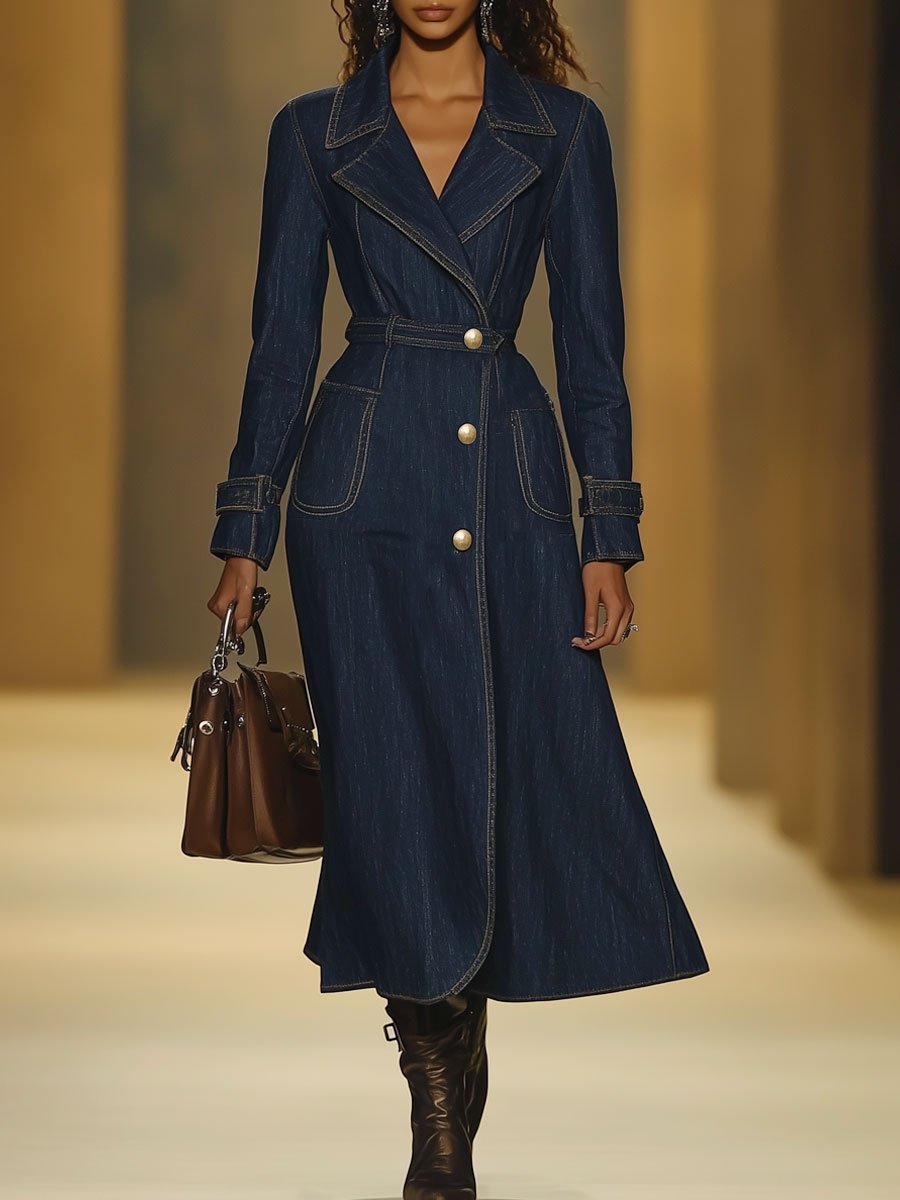 Robe-Trench Vintage en Denim avec Poches et Manches Longues - Expédition Rapide sous 24 Heures