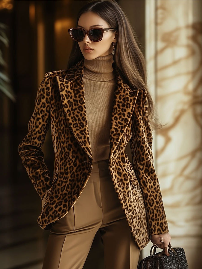 Veste en velours vintage décontractée avec poches et motif léopard