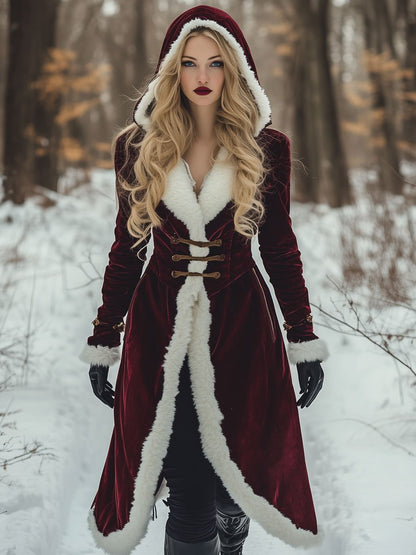 Veste mi-longue en velours vintage à capuche - Style décontracté avec poches patchwork, expédition rapide sous 24 heures !