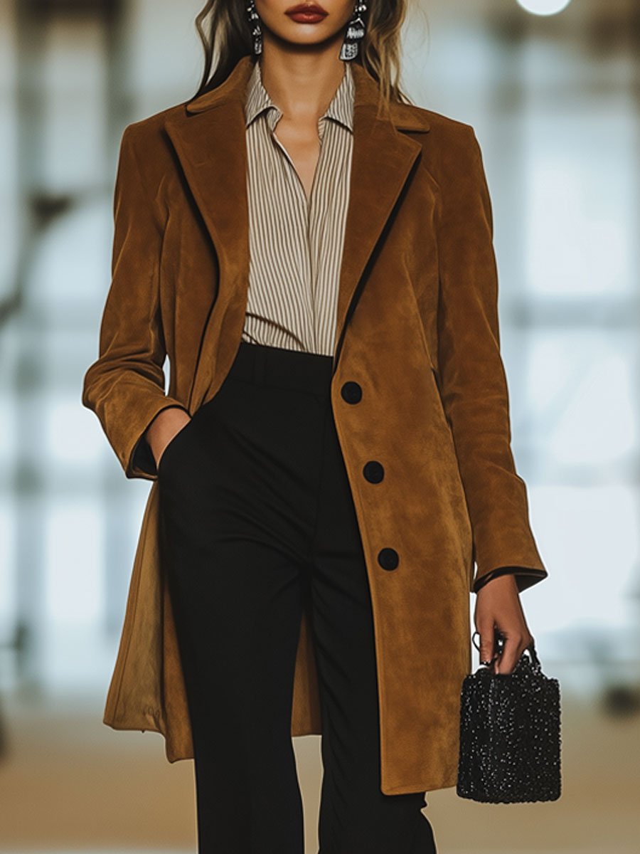 Veste Décontractée en Daim Vintage avec Col Revers - Expédition Rapide en 24 Heures