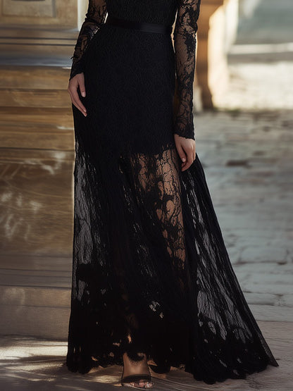 Robe de Soirée Maxi Élégante en Dentelle Noire avec Col Haut - Expédition Rapide en 24 Heures