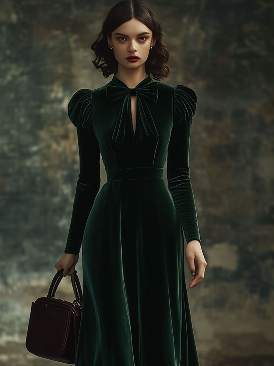 Robe Maxi en Velours Unie avec Col Montant et Nœud - Élégance Instantanée, Expédition Rapide en 24 Heures