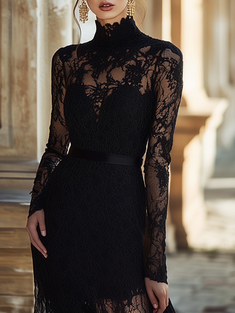 Robe de Soirée Maxi Élégante en Dentelle Noire avec Col Haut - Expédition Rapide en 24 Heures