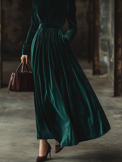 Robe Maxi en Velours Élegante à Col Montant - Manches Longues, Ample et Pratique avec Poches - Expédition Rapide en 24 Heures!