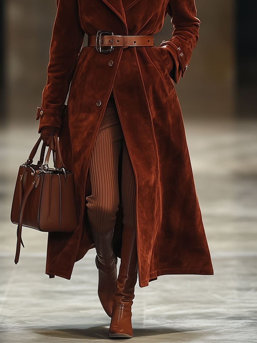 Maxi Manteau Vintage en Suède Rouge Angora : Casual, Loose, avec Poches et Revers Extra Long - Expédition en 24 Heures !