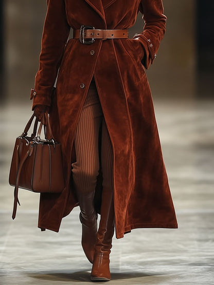 Maxi Manteau Vintage en Suède Rouge Angora : Casual, Loose, avec Poches et Revers Extra Long - Expédition en 24 Heures !