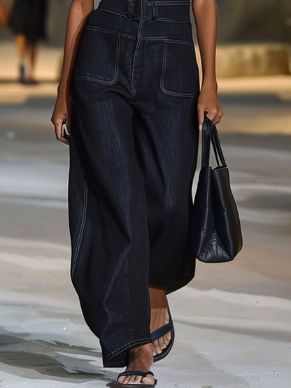 Expédition Rapide en 24h : Salopette Détendue en Jean Sans Manches à Col V au Style Rétro