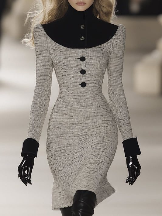 【Expédition Rapide en 24h】Robe Midi Élégante en Tweed Velours avec Col Montant – Style Rétro