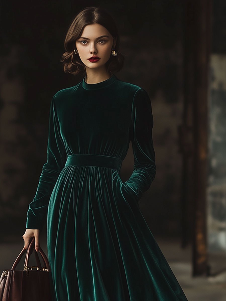 Robe Maxi en Velours Élegante à Col Montant - Manches Longues, Ample et Pratique avec Poches - Expédition Rapide en 24 Heures!