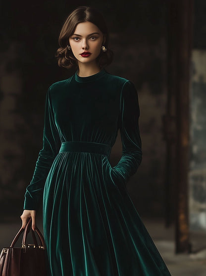 Robe Maxi en Velours Élegante à Col Montant - Manches Longues, Ample et Pratique avec Poches - Expédition Rapide en 24 Heures!