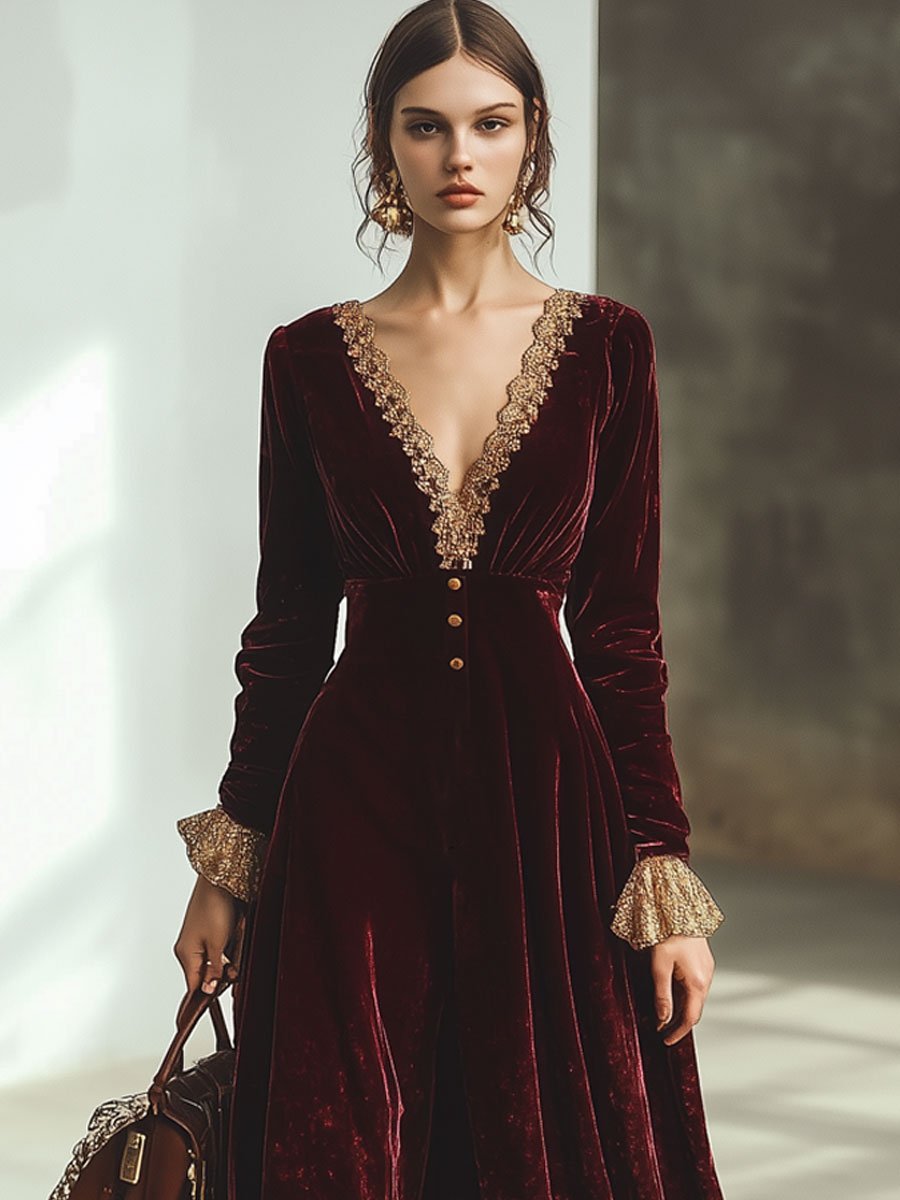 Robe Maxi Velours Rouge Ankola : Élégance en Dentelle et Décolleté en V - Expédition Rapide en 24 Heures
