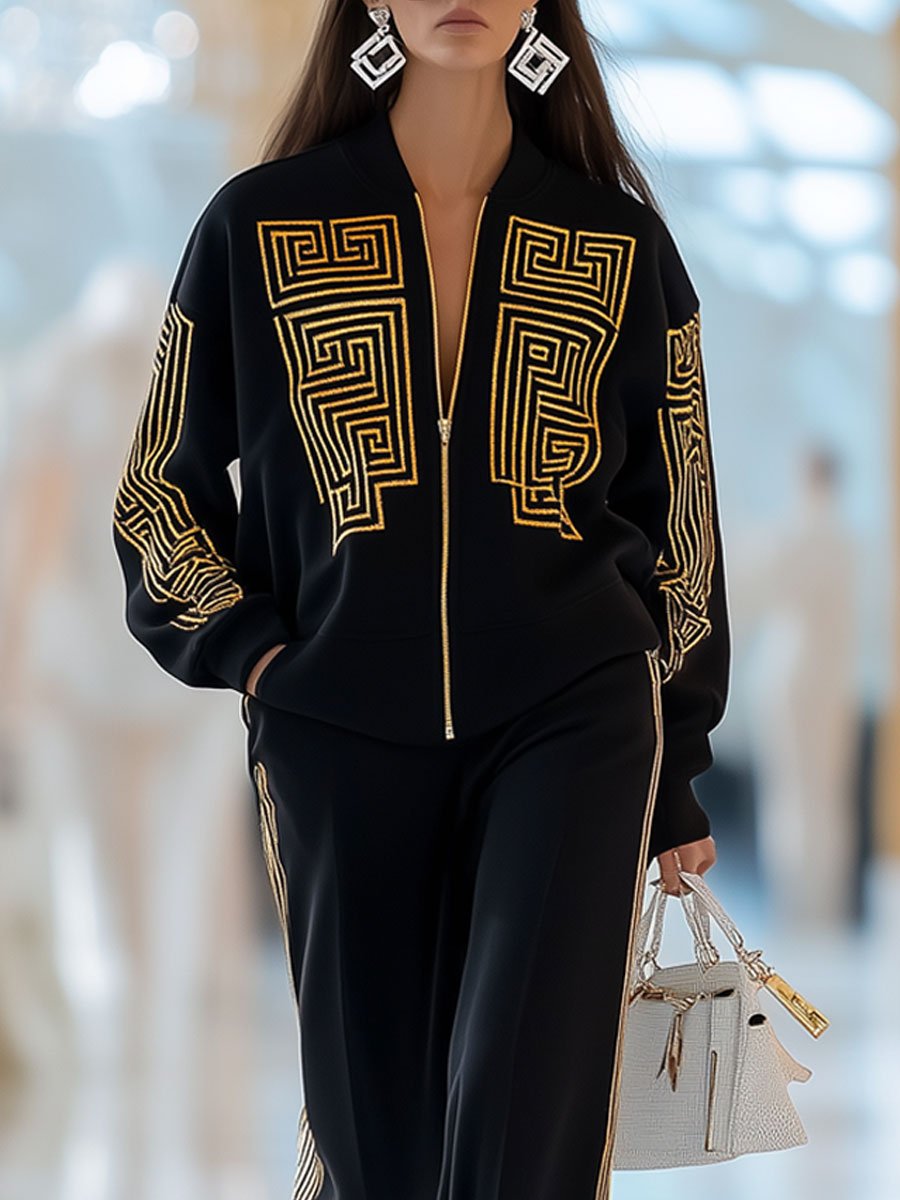 Ensemble de Sport Décontracté Rétro Grec - Impression Géométrique et Fermeture Éclair, Expédition en 24 Heures