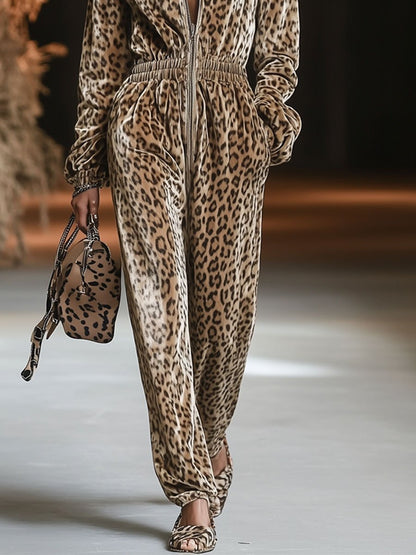 Expédition rapide : Combinaison zippée en velours vintage à capuche, style décontracté et imprimé léopard