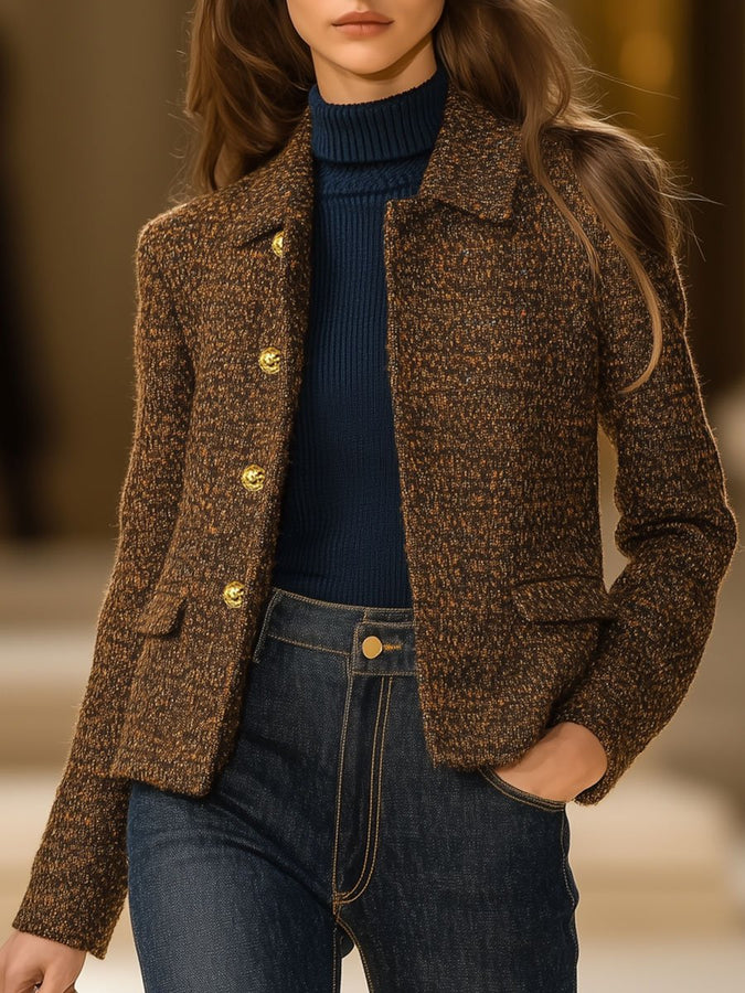 【Expédition rapide en 24 heures】Manteau vintage en tweed décontracté avec élégants boutons métalliques