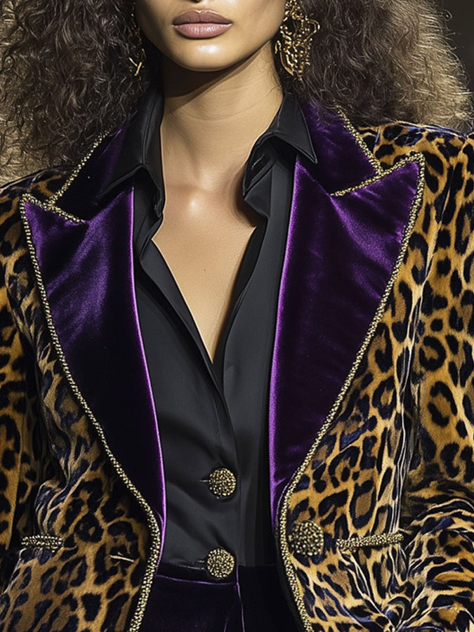 Blazer Décontracté en Velours Vintage à Imprimé Léopard - Expédition Rapide en 24 Heures !