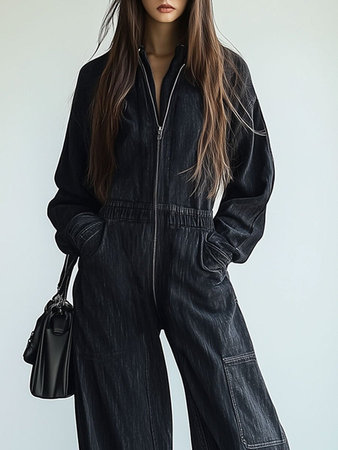 Expédition Rapide en 24h : Combinaison Denim Rétro avec Zip, Taille Élastique, Col Revers et Manches Longues