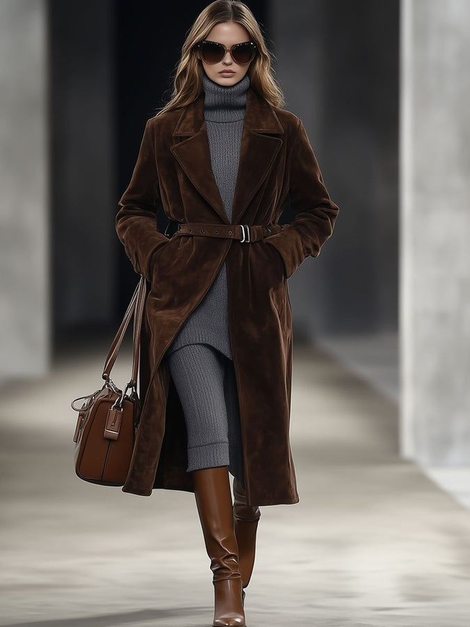【Expédition en 24h】Manteau mi-long en suède chocolat, ceinturé et décontracté
