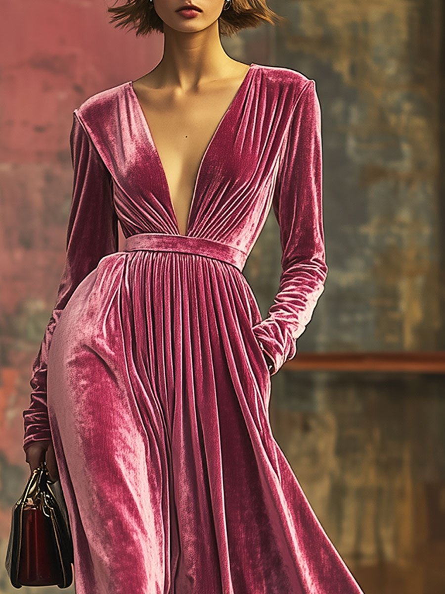 Robe Maxi Longue en Velours : Élégance Simple avec Poche et Décolleté en V - Expédition Rapide sous 24h