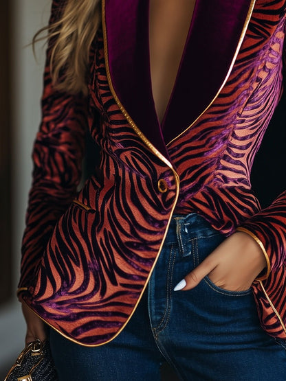 Blazer Vintage en Velours Décontracté avec Poches, Motif Zebra et Rayures Dorées