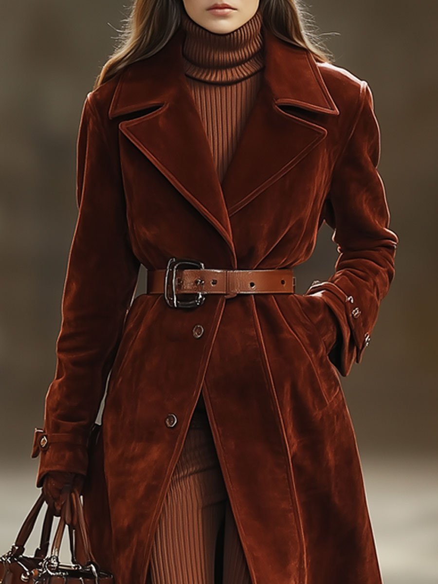 Maxi Manteau Vintage en Suède Rouge Angora : Casual, Loose, avec Poches et Revers Extra Long - Expédition en 24 Heures !