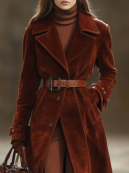 Maxi Manteau Vintage en Suède Rouge Angora : Casual, Loose, avec Poches et Revers Extra Long - Expédition en 24 Heures !