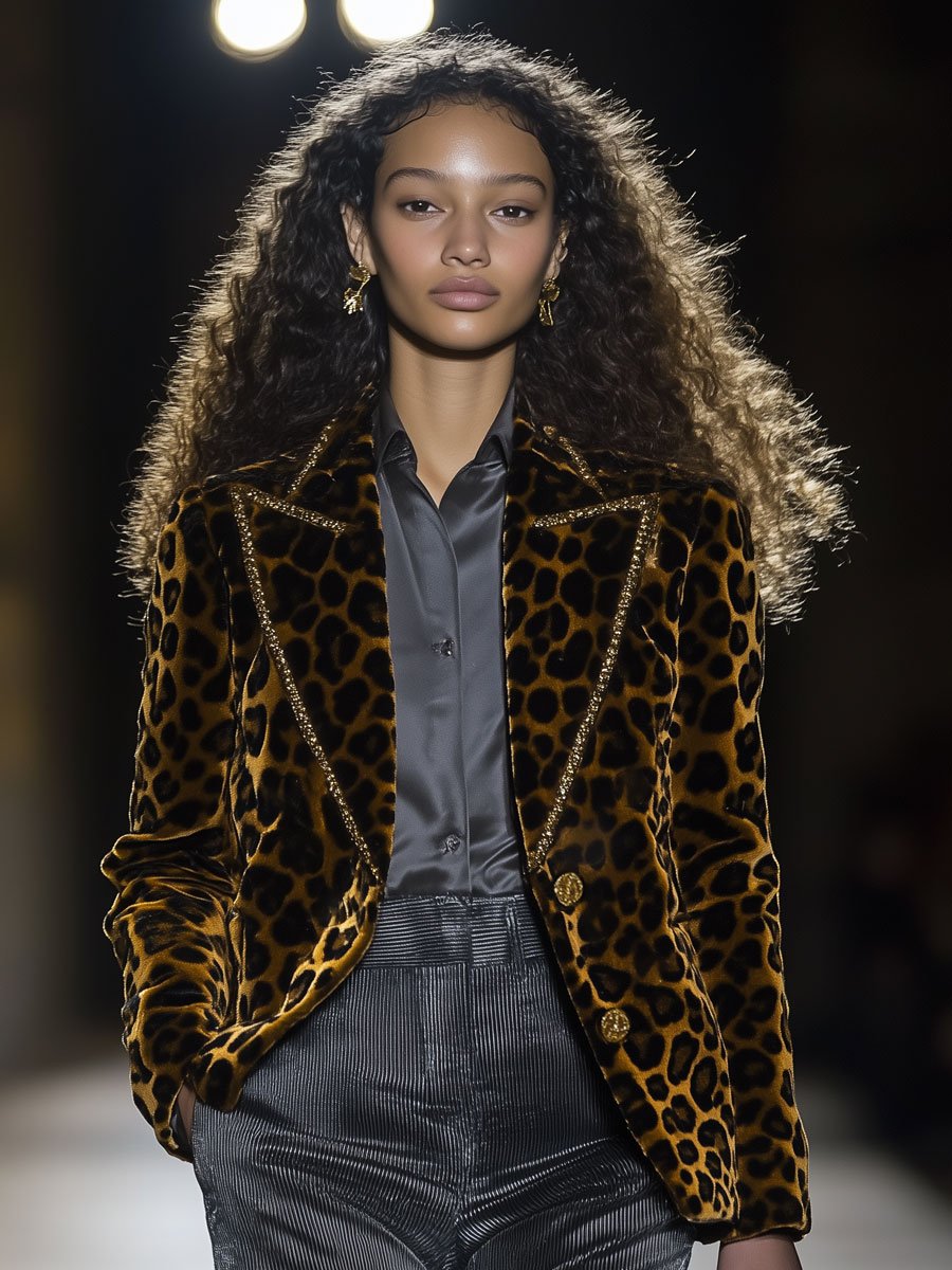 Blazer Casual en Velours Léopard avec Revers et Détails Dorés - Expédition en 24 Heures