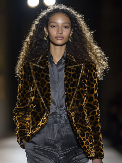 Blazer Casual en Velours Léopard avec Revers et Détails Dorés - Expédition en 24 Heures