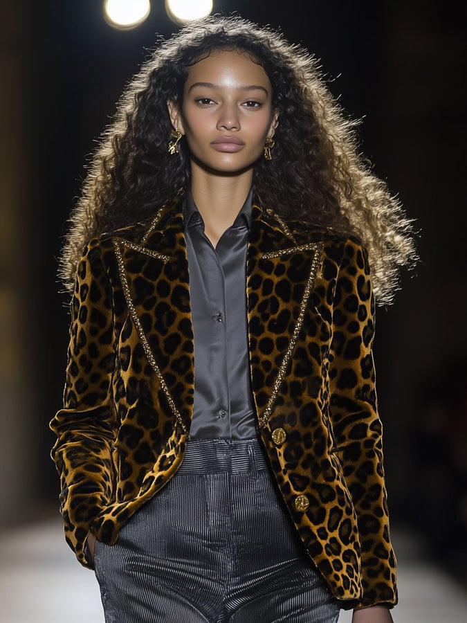 Blazer Casual en Velours Léopard avec Revers et Détails Dorés - Expédition en 24 Heures