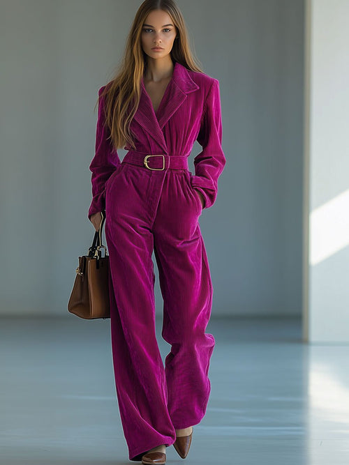 Expédition 24h : Combinaison Ample en Velours Côtelé avec Col et Cravate - Élégance Décontractée