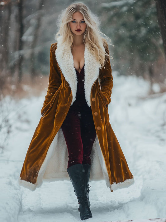 Veste Longue en Velours Vintage avec Poches - Lâche et Élégante en Laine à Boutonnage Simple