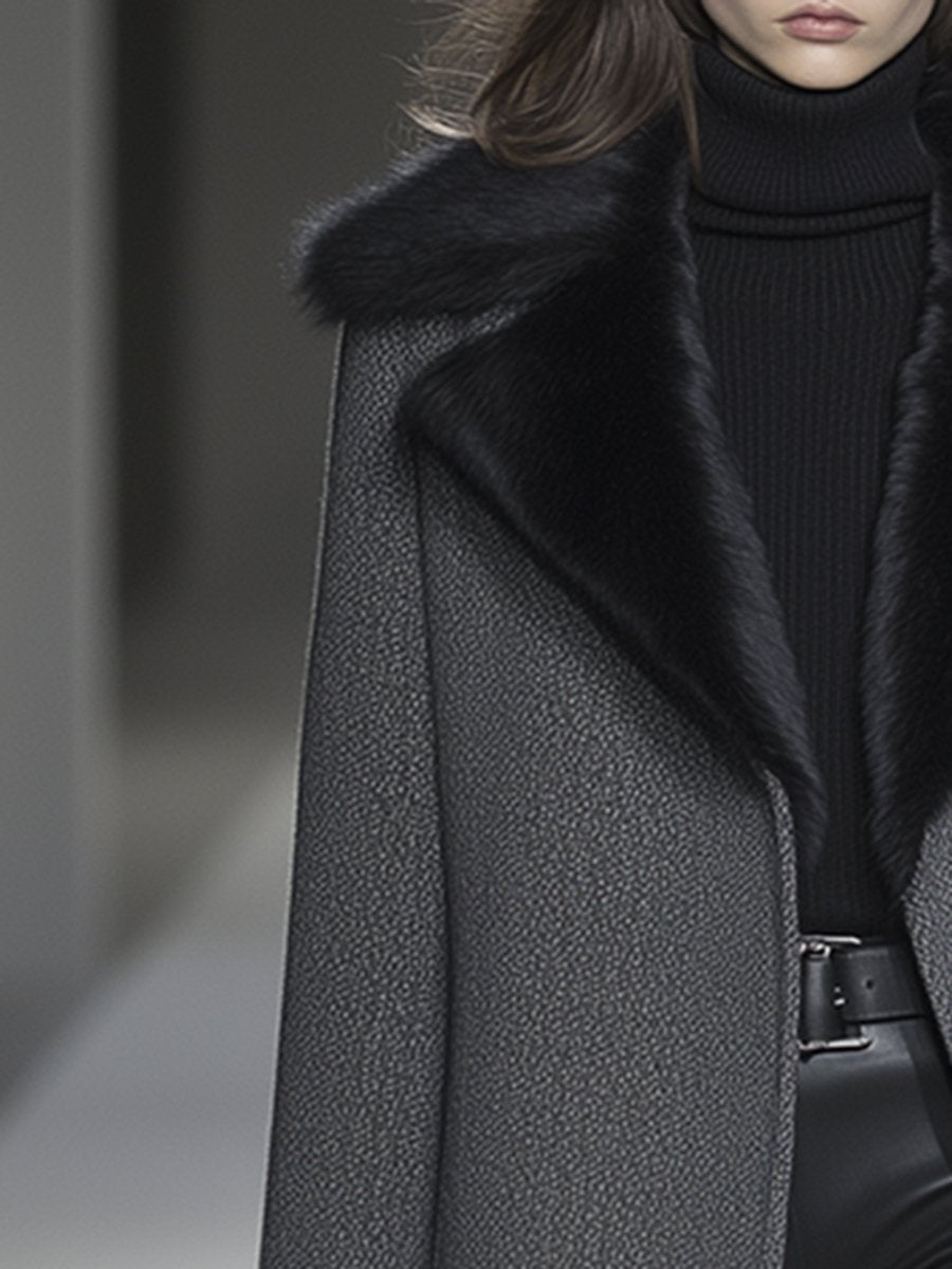 Expédition rapide en 24 heures : Manteau long en laine à chevrons avec col en vison imperméable de luxe