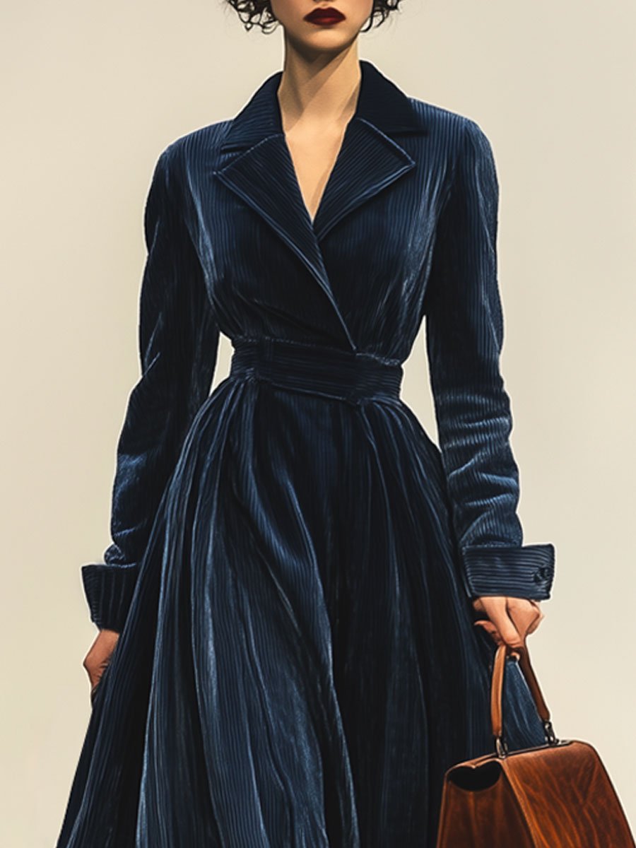 Robe Maxi Vintage en Velours Côtelé – Élégance Décontractée avec Col Revers et Manches Longues, Expédition en 24 Heures