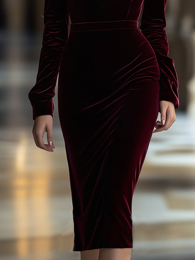 Robe Midi en Velours Luxe avec Volants et Décolleté en V - Expédition Rapide en 24 Heures