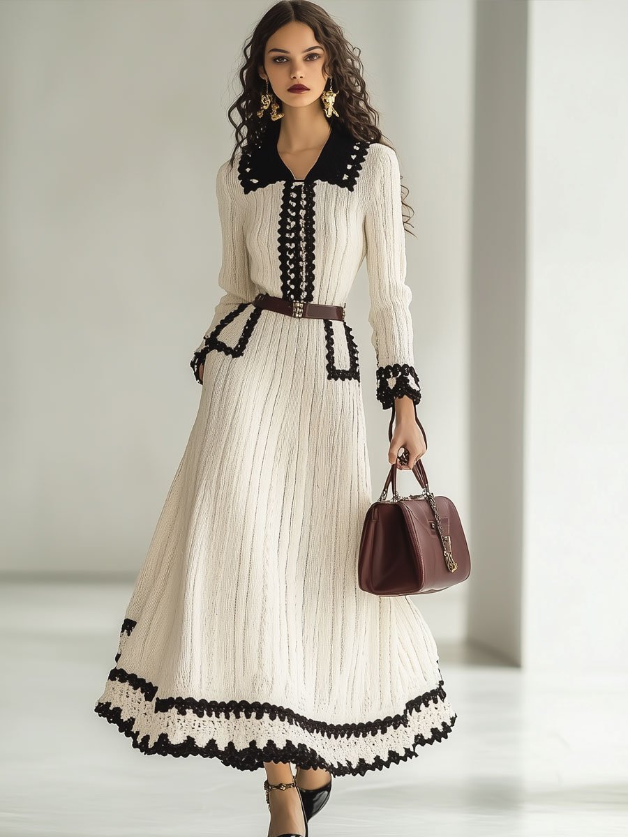 Robe Maxi Tricotée Rétro Colorblock à Manches Longues - Expédition Rapide en 24 Heures!